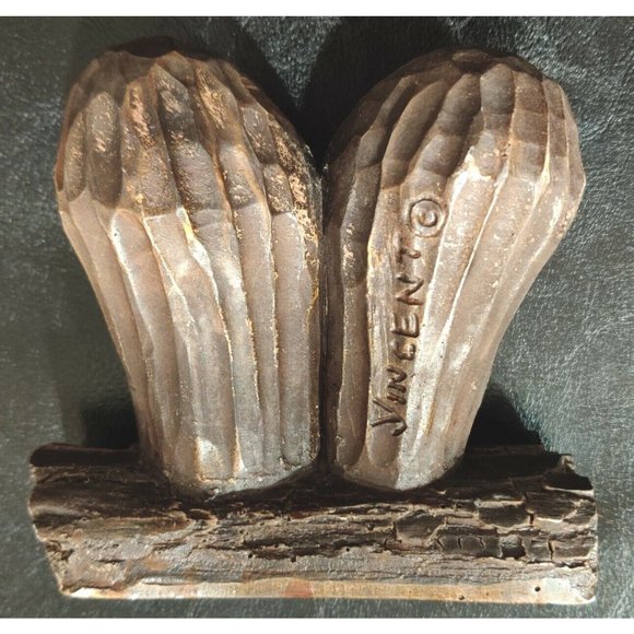 Vtg Rustic Couple of Art Owls On A Log By Yincent Hand Painted Plaster Metallic - Picture 3 of 9